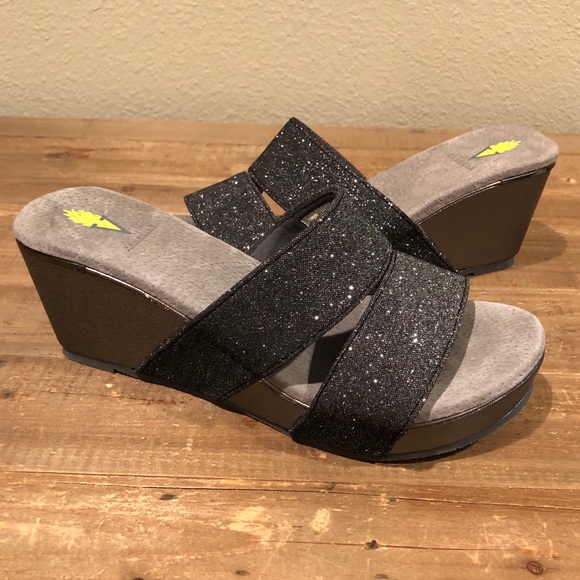 Volatile Black Silver Wedge Sandals - Size 10